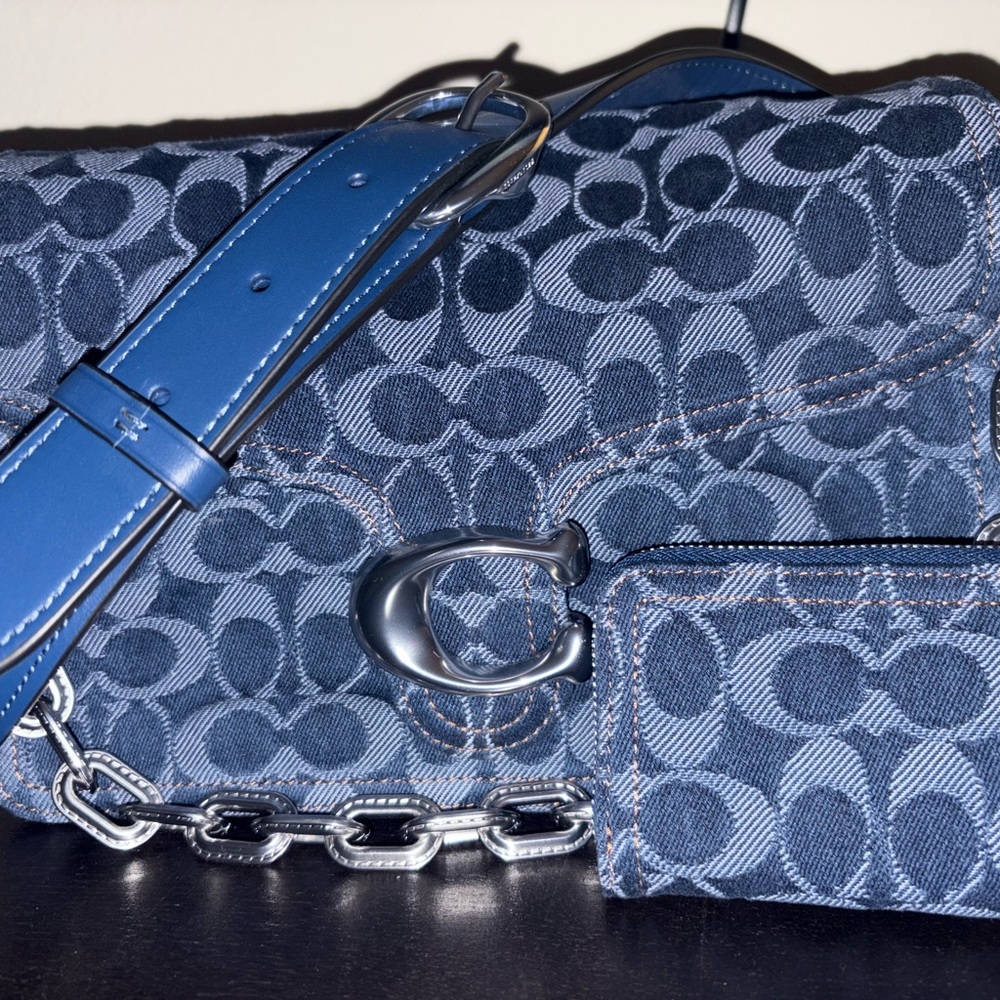 Coach Navy Patterned Shoulder Bag with Silver Accents